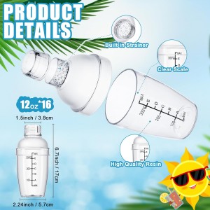 Lallisa 16 Pcs Plastic Cocktail Shaker Set Drink Mixer Clear Shaker Cup with Measurements Scales and Strainer Plastic Mixing Tool for Tea Coffee Bar Bubble Milk Christmas Gift(350 Cc/ 12 oz)