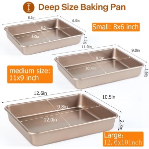 Deep Baking Pans Set, 3-Pieces Rectangle Cake Pan, Nonstick Roasting Pans Set for Thanksgiving Christmas, 9/11/13 Inch, Toaster Oven Tray Bakeware Set, Lasagna Pan Deep Size, Heavy Duty, Gold