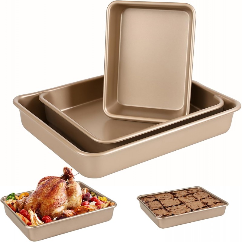 Deep Baking Pans Set, 3-Pieces Rectangle Cake Pan, Nonstick Roasting Pans Set for Thanksgiving Christmas, 9/11/13 Inch, Toaster Oven Tray Bakeware Set, Lasagna Pan Deep Size, Heavy Duty, Gold