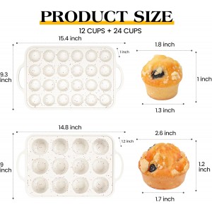 Regular 12 Cup and Mini 24 Cup Nonstick Cupcake Pan Set Silicone Muffin Pan for Baking Silicone Cupcake Mold with Metal Reinforced Frame BPA Free (2 Pcs, Cream)
