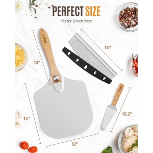 Pizza Peel Aluminum Pizza Spatula Set, 12 x 14 Inch Metal Pizza Paddle with Foldable Wooden Handle, Pizza Rocker Cutter, Pizza Server, Pizza Oven Accessories for Baking Homemade Pizza Bread