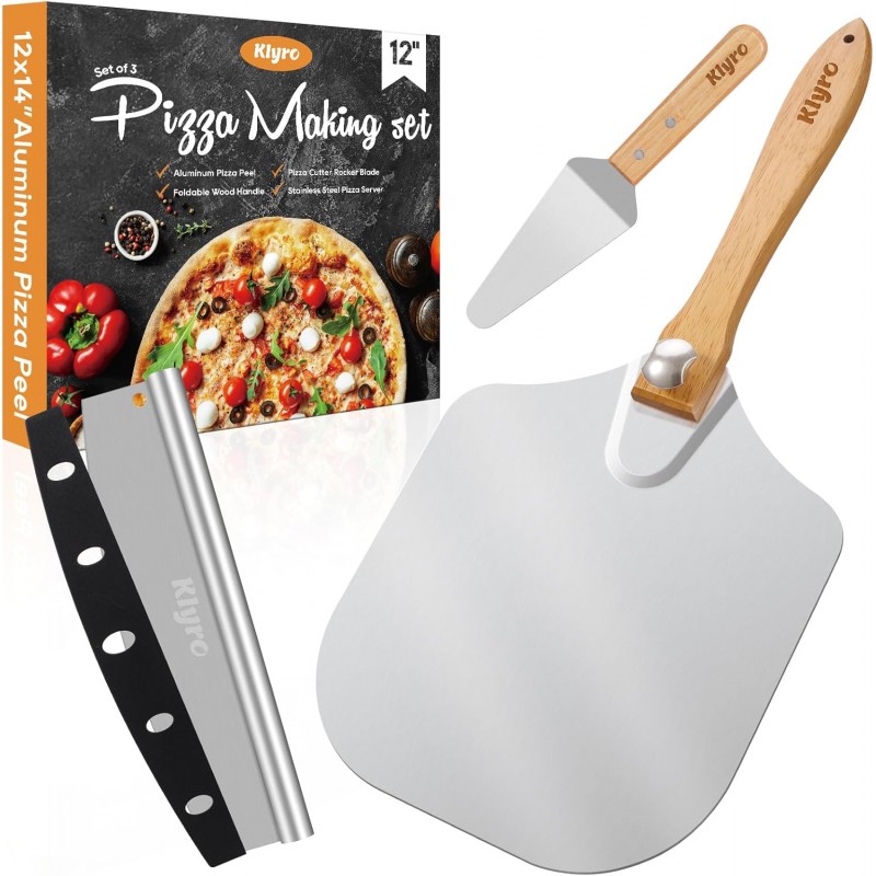 Pizza Peel Aluminum Pizza Spatula Set, 12 x 14 Inch Metal Pizza Paddle with Foldable Wooden Handle, Pizza Rocker Cutter, Pizza Server, Pizza Oven Accessories for Baking Homemade Pizza Bread