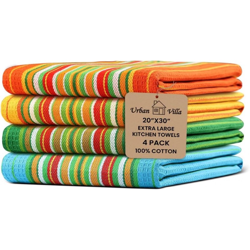 Urban Villa Kitchen Towels 100% Cotton Dish Towels for Kitchen(Set of 4)20”x30” Dish Cloths Highly Absorbent Kitchen Linen Set with Hanging Loop Perfect for Drying Dishes Cleaning Towels -Multi Color