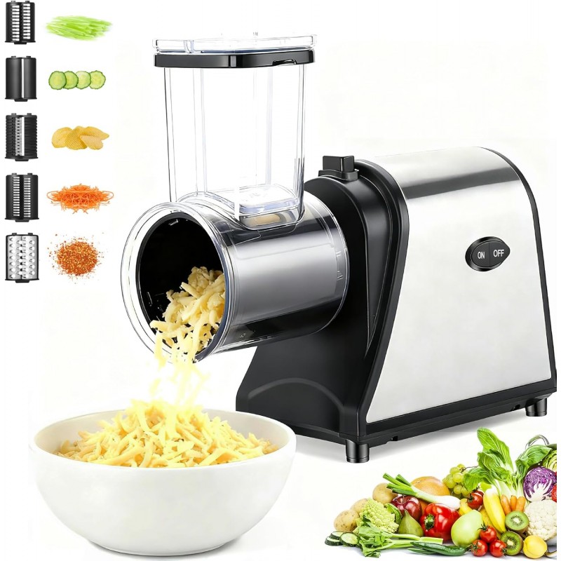 5-in-1 Electric Cheese Grater & Vegetable Slicer – 250W One-Touch Shredder with Stainless Steel Blades for Block Cheese, Vegetables, Fruits & Nuts