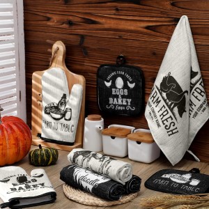 VitalCozy 8 Pcs Farm Animal Theme Kitchen Towels Pot Holders and Oven Mitt Set 4 Farmhouse Dish Towels 2 Rustic Square Potholders 2 Decorative Heat Resistant Glove for Cooking Baking Home Gifting