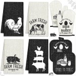 VitalCozy 8 Pcs Farm Animal Theme Kitchen Towels Pot Holders and Oven Mitt Set 4 Farmhouse Dish Towels 2 Rustic Square Potholders 2 Decorative Heat Resistant Glove for Cooking Baking Home Gifting
