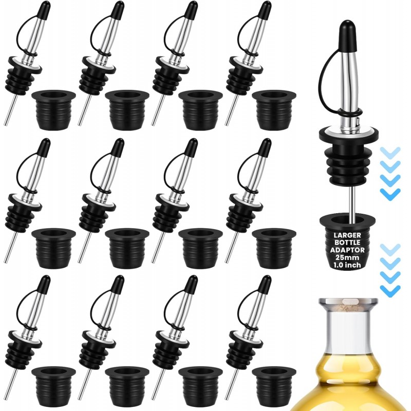 12 Pack Liquor Pour Spouts with Bottle Adapters, No Drip Pour Spouts for Large Neck Liquor Bottles, Bottle Pourers for Alcohol, Home Bar, Cocktails, Olive Oil up to 1 Inch/25 mm Neck