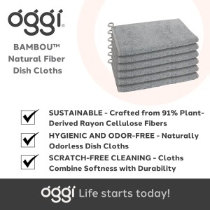 Oggi Bambou Odor-Free Kitchen Washcloths - Natural Kitchen Dish Cloths, 91% Bamboo-Derived Rayon Cellulose Fiber, Reusable, Absorbent, Hygienic, Fast Dry, Durable, Non-Scratch, Lint-Free - 6 pcs, 7x9