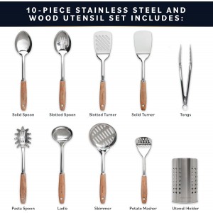 Home Hero Stainless Steel Kitchen Utensils Set - Wood Handle Nonstick Stainless Steel Cooking Utensils Set - Heat Resistant Kitchen Essentials & Metal Kitchen Gadgets (Silver & Wood)