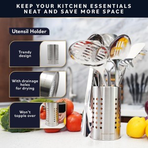 Home Hero Stainless Steel Kitchen Utensils Set - Wood Handle Nonstick Stainless Steel Cooking Utensils Set - Heat Resistant Kitchen Essentials & Metal Kitchen Gadgets (Silver & Wood)