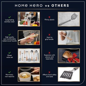 Home Hero Stainless Steel Kitchen Utensils Set - Wood Handle Nonstick Stainless Steel Cooking Utensils Set - Heat Resistant Kitchen Essentials & Metal Kitchen Gadgets (Silver & Wood)