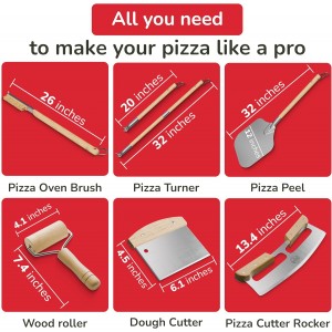 Premium Pizza Oven Accessories Kit - 6-Piece Set for Home Pizza Making: Includes Pizza Peel, Oven Brush, Bubble Popper Turner, Rocker Cutter, Dough Roller & Scraper