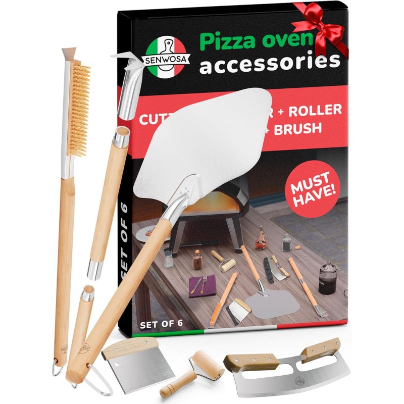 Premium Pizza Oven Accessories Kit - 6-Piece Set for Home Pizza Making: Includes Pizza Peel, Oven Brush, Bubble Popper Turner, Rocker Cutter, Dough Roller & Scraper
