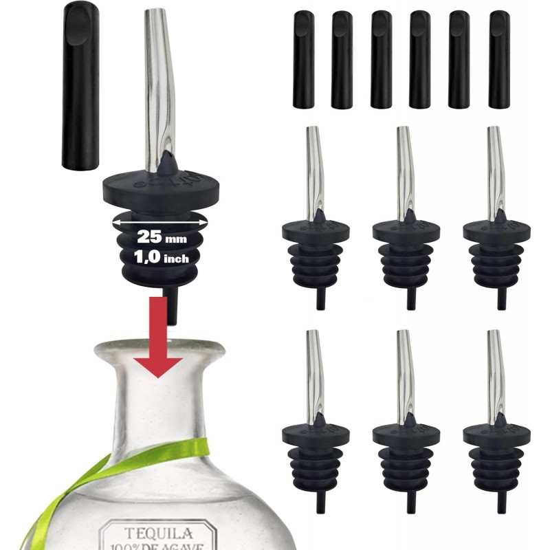 Esatto 6 Pack Metal Pourer Spouts for Oversized Bottles, Includes 6 Dust Caps to Protect from Dirt & Debris, Pour Spouts for Bottles, Liquor Bottle Pourers for Alcohol & Olive Oil