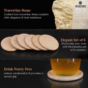 Marble Coasters Set of 6 Round 3.5 Inch Travertine Coaster for Drinks with Holder - Ideal Stone Drink Coasters for Coffee Bar Accessories, Gifts, Dining Table & Home Décor