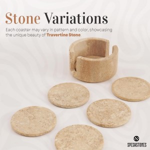 Marble Coasters Set of 6 Round 3.5 Inch Travertine Coaster for Drinks with Holder - Ideal Stone Drink Coasters for Coffee Bar Accessories, Gifts, Dining Table & Home Décor
