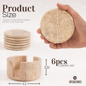 Marble Coasters Set of 6 Round 3.5 Inch Travertine Coaster for Drinks with Holder - Ideal Stone Drink Coasters for Coffee Bar Accessories, Gifts, Dining Table & Home Décor
