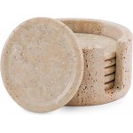 Marble Coasters Set of 6 Round 3.5 Inch Travertine Coaster for Drinks with Holder - Ideal Stone Drink Coasters for Coffee Bar Accessories, Gifts, Dining Table & Home Décor