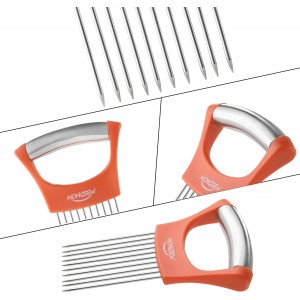 Onion Slicer Holder, MONGSEW Stainless Steel Onion Cutter for Slicing and Storage of Onions, Avocados, Eggs, Dishwasher Safe, Protective Cover Included (Stylish Orange)