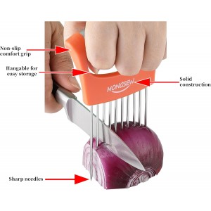 Onion Slicer Holder, MONGSEW Stainless Steel Onion Cutter for Slicing and Storage of Onions, Avocados, Eggs, Dishwasher Safe, Protective Cover Included (Stylish Orange)