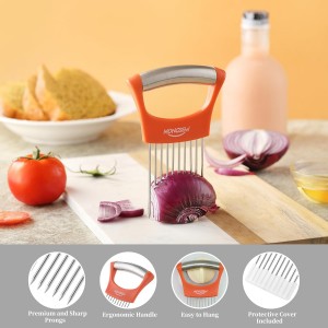 Onion Slicer Holder, MONGSEW Stainless Steel Onion Cutter for Slicing and Storage of Onions, Avocados, Eggs, Dishwasher Safe, Protective Cover Included (Stylish Orange)
