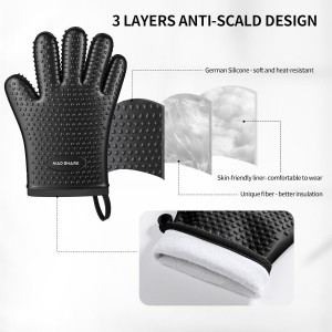 MAD SHARK Silicone Oven Mitts Heat Resistant 450 Degrees,Waterproof & Non-Slip Oven Gloves with Fingers,Cotton Lined Silicone Oven Gloves Kitchen Mitts for Baking Cooking Barbecue,Women,Oven(Black)