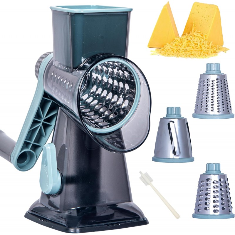 Rotary Cheese Grater Cheese Shredder, Cheese Grater Handheld with Strong Suction Base,Kitchen Vegetable Slicer 3 Replaceable Stainless Drum Blades for Fruit, Food, Nuts,Easy to Use Clean (Blue)