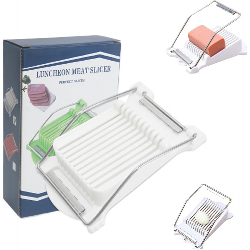 White Luncheon Meat Slicer Fruit Soft Boiled Egg Cheese Butter Slicers Cutter, Stainless Steel Wires, Cuts 10 Slices