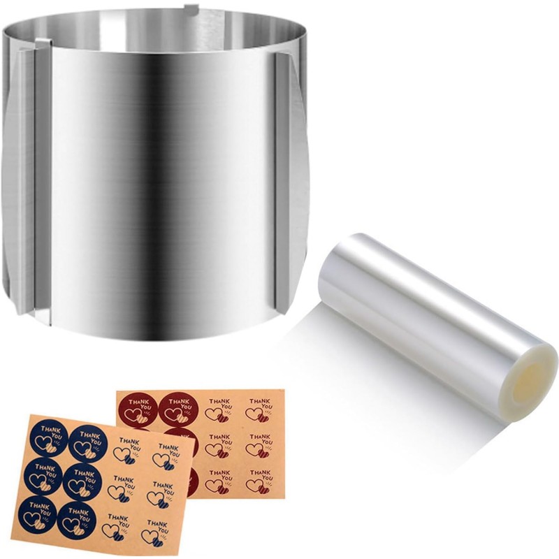 Cake Ring Extra High 15cm Acetate Cake Collar Set - Adjustable 6 to12Inch Stainless Steel Round Cake Mousse Molds Baking Ring with 6.3inchx394inch Clear Acetate Sheets Cake Roll for Pastry, Cake Decor