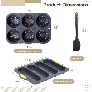 OMISTAR 3 PCS Silicone Baguette Pan and Hamburger Bun Pan Set,Non-stick French Bread Baking Mold,4 Wave French Bread Baking Tray,6 Cup Hamburger Bun Mold with Scraper