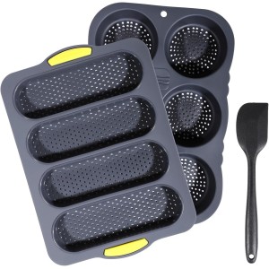 OMISTAR 3 PCS Silicone Baguette Pan and Hamburger Bun Pan Set,Non-stick French Bread Baking Mold,4 Wave French Bread Baking Tray,6 Cup Hamburger Bun Mold with Scraper