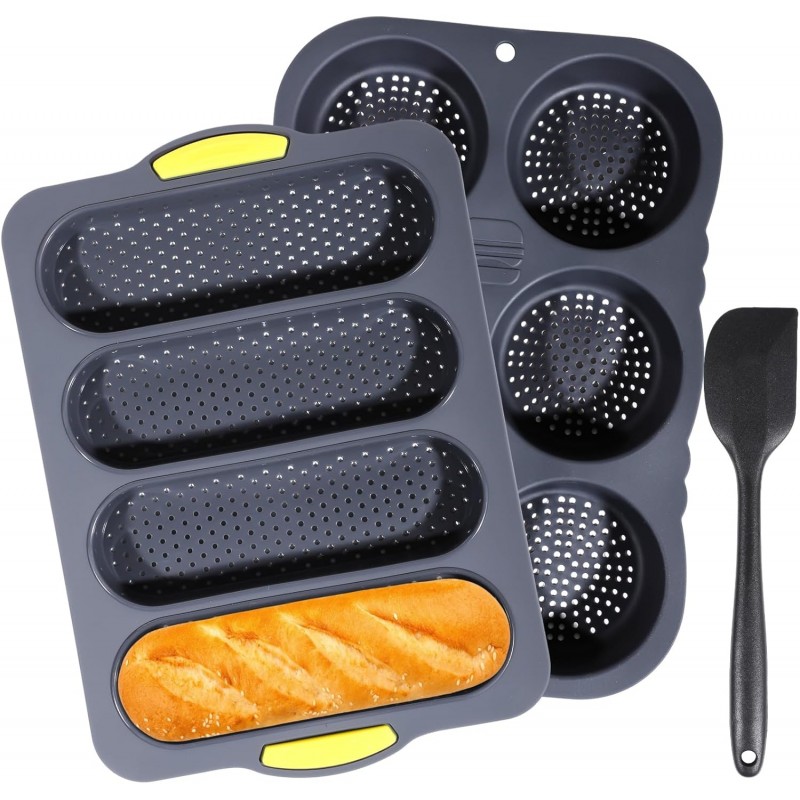 OMISTAR 3 PCS Silicone Baguette Pan and Hamburger Bun Pan Set,Non-stick French Bread Baking Mold,4 Wave French Bread Baking Tray,6 Cup Hamburger Bun Mold with Scraper
