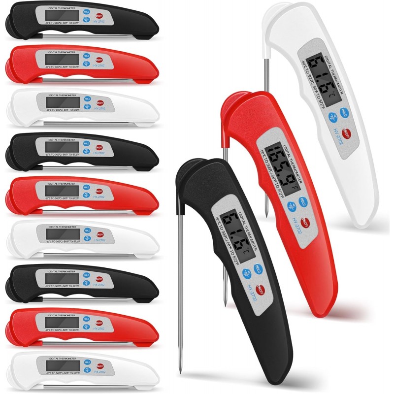 Xuhal 12 Pcs Digital Meat Thermometer with Probe Waterproof Instant Read Foldable Food Thermometer with Magnet for Kitchen Grilling Cooking Turkey Baking BBQ(Black, Red, White)