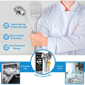 Cooking Utensils Set 11pcs - Stainless Steel Kitchen Utensils Set with Holder, Heat Resistant Kitchen Utensils Sets for Cooking with Turners, Potato Masher, Skimmer, Spoons, Ladle, Tongs, Whisk