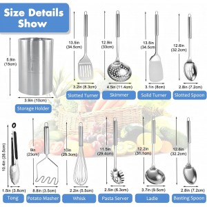 Cooking Utensils Set 11pcs - Stainless Steel Kitchen Utensils Set with Holder, Heat Resistant Kitchen Utensils Sets for Cooking with Turners, Potato Masher, Skimmer, Spoons, Ladle, Tongs, Whisk