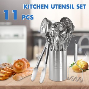 Cooking Utensils Set 11pcs - Stainless Steel Kitchen Utensils Set with Holder, Heat Resistant Kitchen Utensils Sets for Cooking with Turners, Potato Masher, Skimmer, Spoons, Ladle, Tongs, Whisk