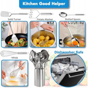 Cooking Utensils Set 11pcs - Stainless Steel Kitchen Utensils Set with Holder, Heat Resistant Kitchen Utensils Sets for Cooking with Turners, Potato Masher, Skimmer, Spoons, Ladle, Tongs, Whisk