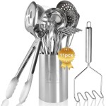 Cooking Utensils Set 11pcs - Stainless Steel Kitchen Utensils Set with Holder, Heat Resistant Kitchen Utensils Sets for Cooking with Turners, Potato Masher, Skimmer, Spoons, Ladle, Tongs, Whisk