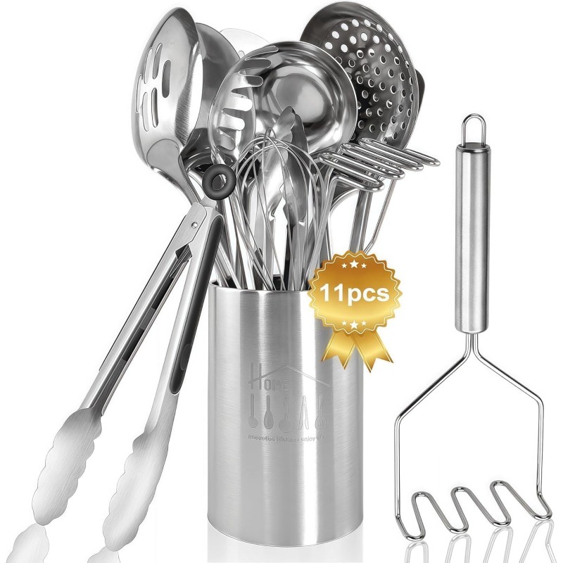 Cooking Utensils Set 11pcs - Stainless Steel Kitchen Utensils Set with Holder, Heat Resistant Kitchen Utensils Sets for Cooking with Turners, Potato Masher, Skimmer, Spoons, Ladle, Tongs, Whisk