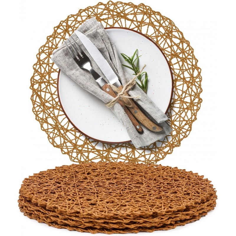 AHHFSMEI Paper Braided Round Placemats Set of 6 Natural Non-Slip Heat Resistant Table Mats for Dining Tables Woven Indoor & Outdoor Place mats(Brown)