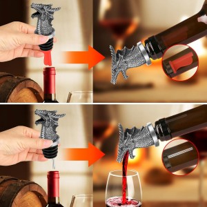 Dragon Head 2-In-1 Wine Bottle Pourer and Stopper, Gifts for Men Women Dragon Fans, Liquor Bottle Pourers Spout for Alcohol Spirits, Wine Accessories, Dark Silver