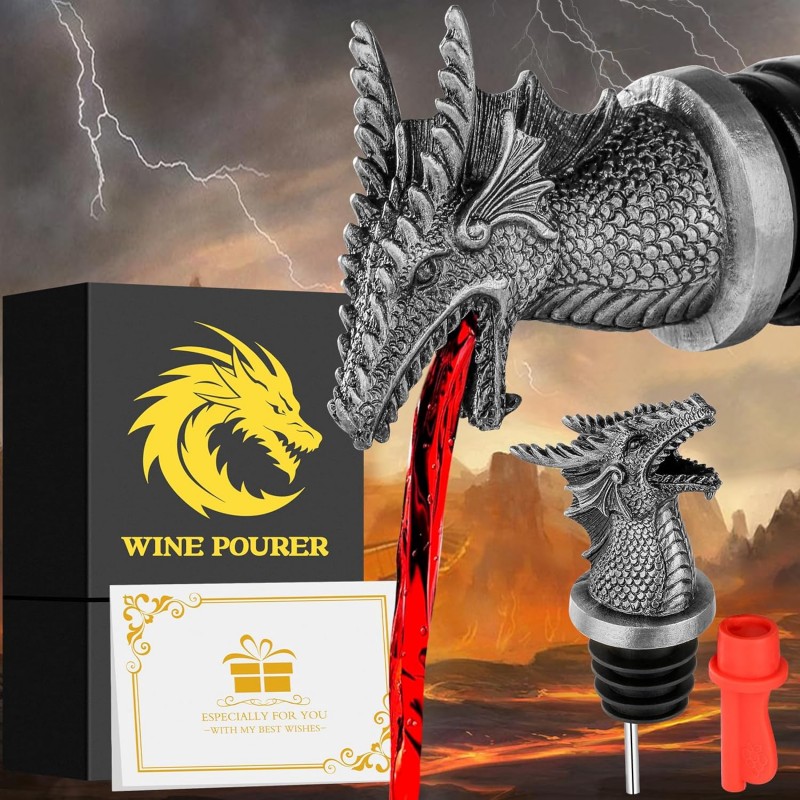 Dragon Head 2-In-1 Wine Bottle Pourer and Stopper, Gifts for Men Women Dragon Fans, Liquor Bottle Pourers Spout for Alcohol Spirits, Wine Accessories, Dark Silver