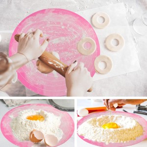 Silicone Cake Mat, 12 Inch Round Silicone Mat, Cake Mat with Measurements, Cake Turntable Mat, Reusable Cookie Mat for Rolling Dough, Non-Stick Heat Resistant, Pastry Baking Pad Pink