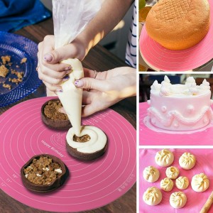 Silicone Cake Mat, 12 Inch Round Silicone Mat, Cake Mat with Measurements, Cake Turntable Mat, Reusable Cookie Mat for Rolling Dough, Non-Stick Heat Resistant, Pastry Baking Pad Pink