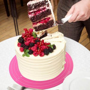 Silicone Cake Mat, 12 Inch Round Silicone Mat, Cake Mat with Measurements, Cake Turntable Mat, Reusable Cookie Mat for Rolling Dough, Non-Stick Heat Resistant, Pastry Baking Pad Pink