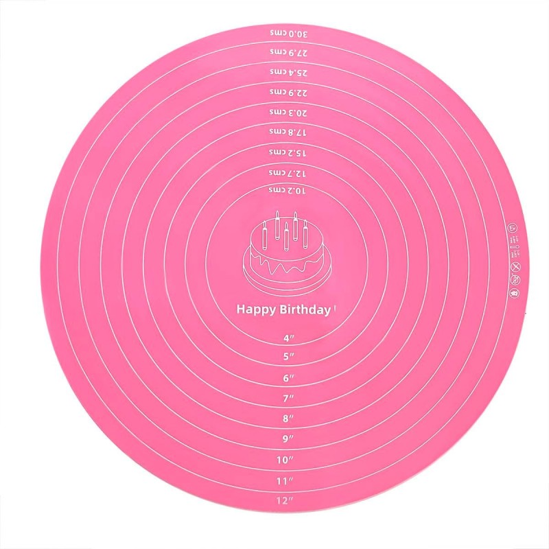 Silicone Cake Mat, 12 Inch Round Silicone Mat, Cake Mat with Measurements, Cake Turntable Mat, Reusable Cookie Mat for Rolling Dough, Non-Stick Heat Resistant, Pastry Baking Pad Pink