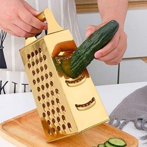 4 Sides Box Grater For Kitchen,Stainless Steel Cheese Grater With Handle,Multi-Function Vegetable Slicer Food Shredder For Chees,Ginger,Vegetables,Dishwasher Safe, Gold