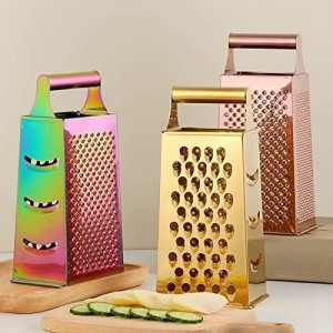 4 Sides Box Grater For Kitchen,Stainless Steel Cheese Grater With Handle,Multi-Function Vegetable Slicer Food Shredder For Chees,Ginger,Vegetables,Dishwasher Safe, Gold