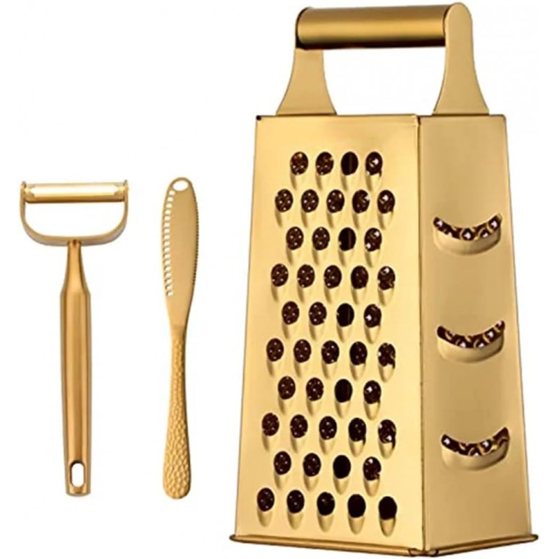 4 Sides Box Grater For Kitchen,Stainless Steel Cheese Grater With Handle,Multi-Function Vegetable Slicer Food Shredder For Chees,Ginger,Vegetables,Dishwasher Safe, Gold