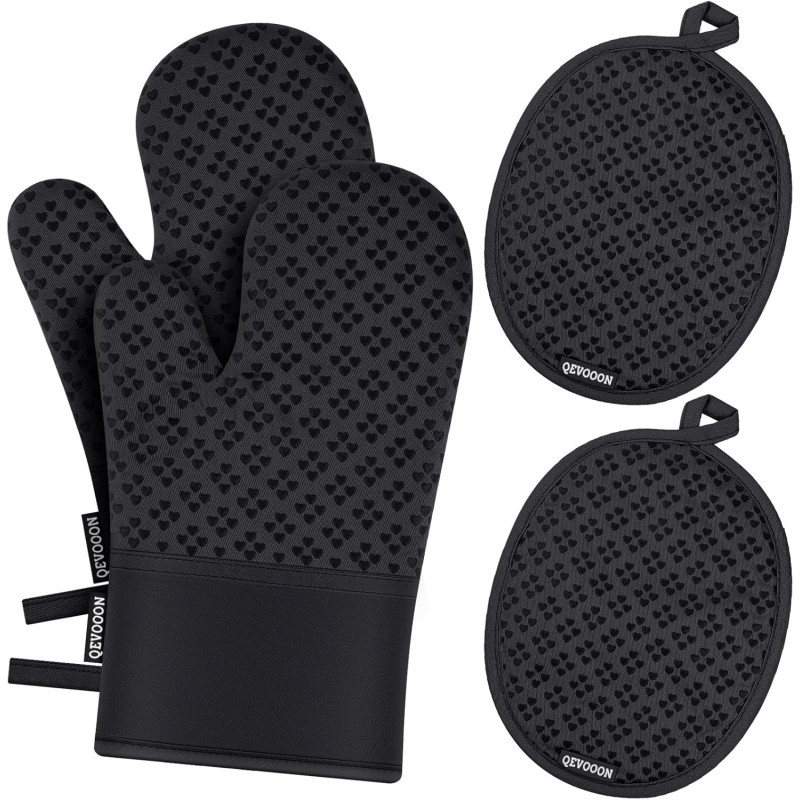 Oven Mitts and Pot Holders 4 Sets, Heat Resistant 500 ℉ Oven Mitt and Pot Holder,Oven Glove&Potholders with Non-Slip Silicone Surface,Kitchen Essentials for Cooking/Baking/BBQ-Black